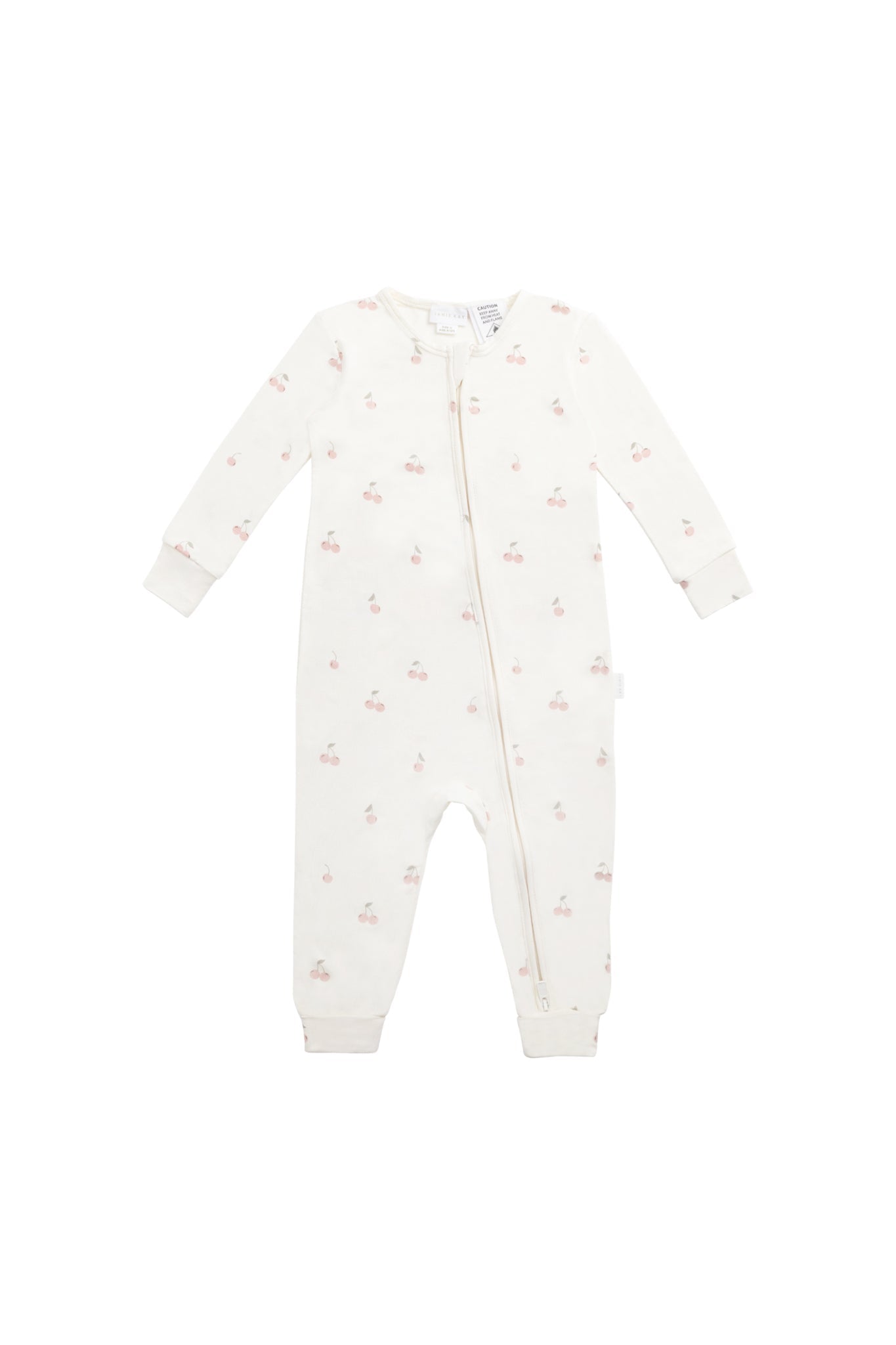 Grenouillère bébé zippée motif cerises pyjama une-pièce manches longues crème