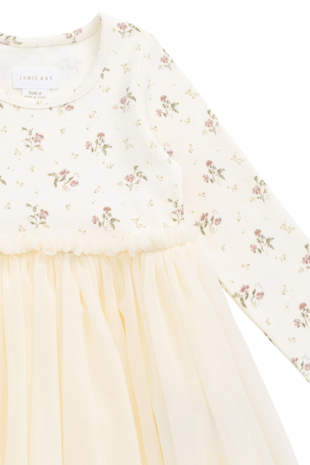 Robe de soirée en tulle ivoire à manches longues avec corsage en coton et motif floral pour fille