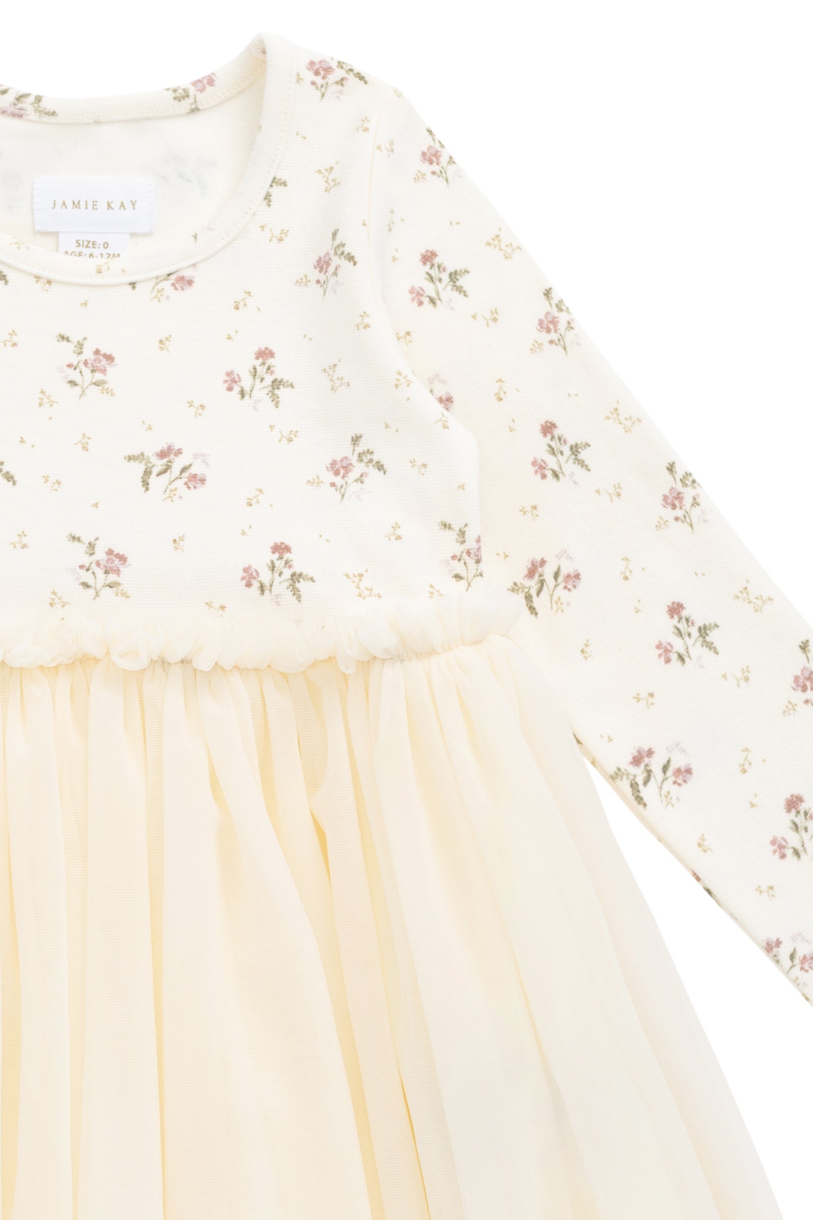 Robe de soirée en tulle ivoire à manches longues avec corsage en coton et motif floral pour fille
