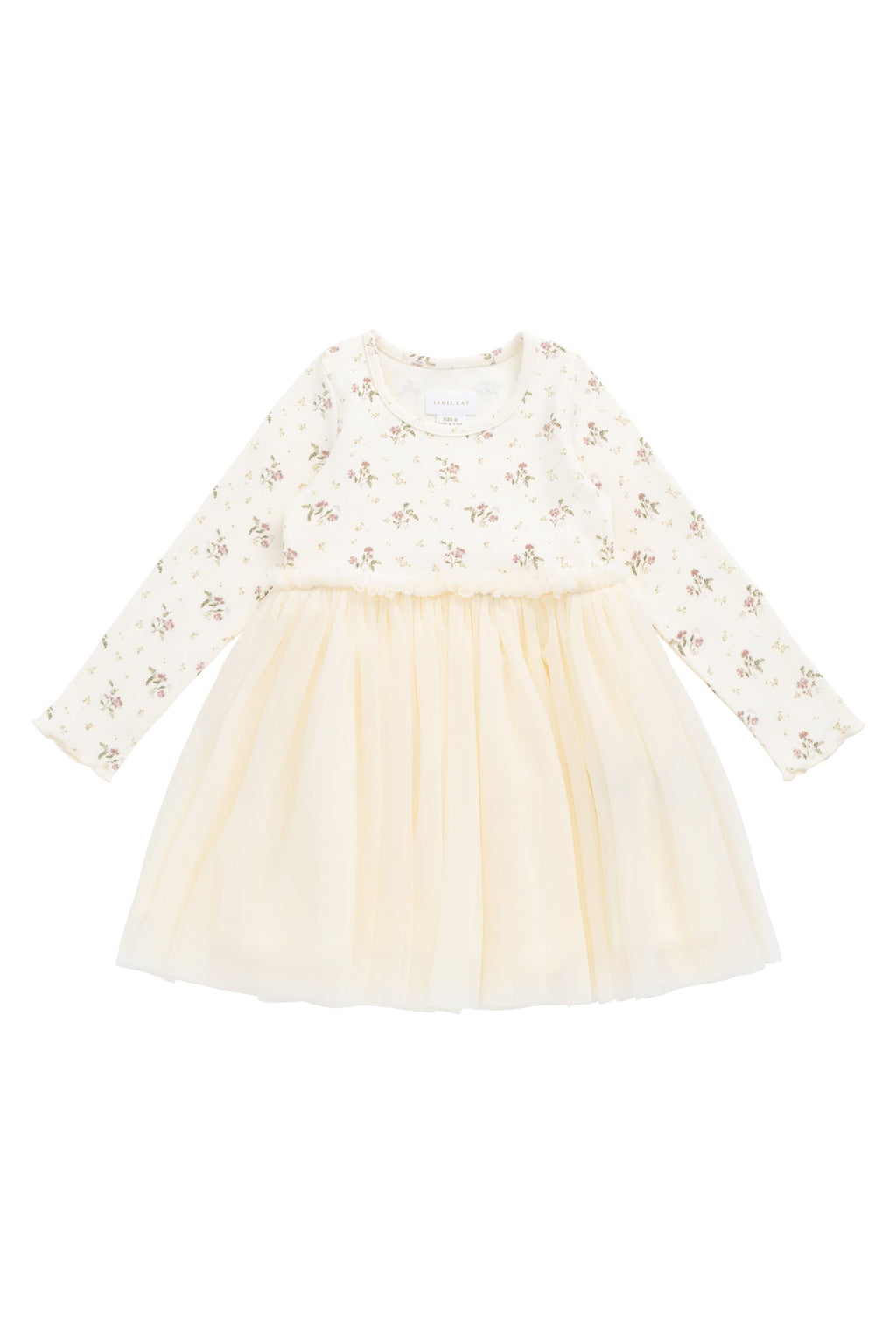 Robe de soirée en tulle ivoire à manches longues avec corsage en coton et motif floral pour fille