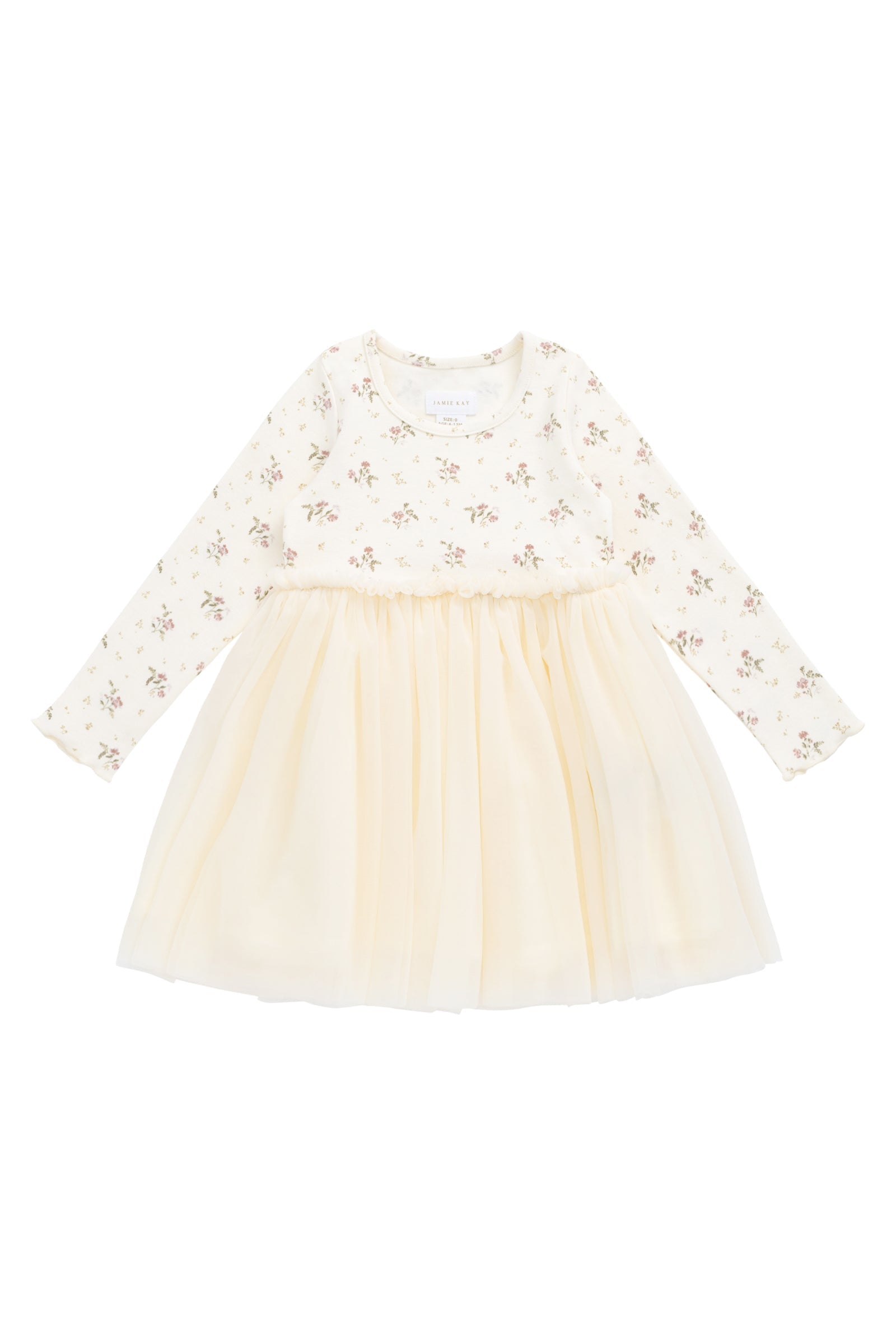 Robe de soirée en tulle ivoire à manches longues avec corsage en coton et motif floral pour fille