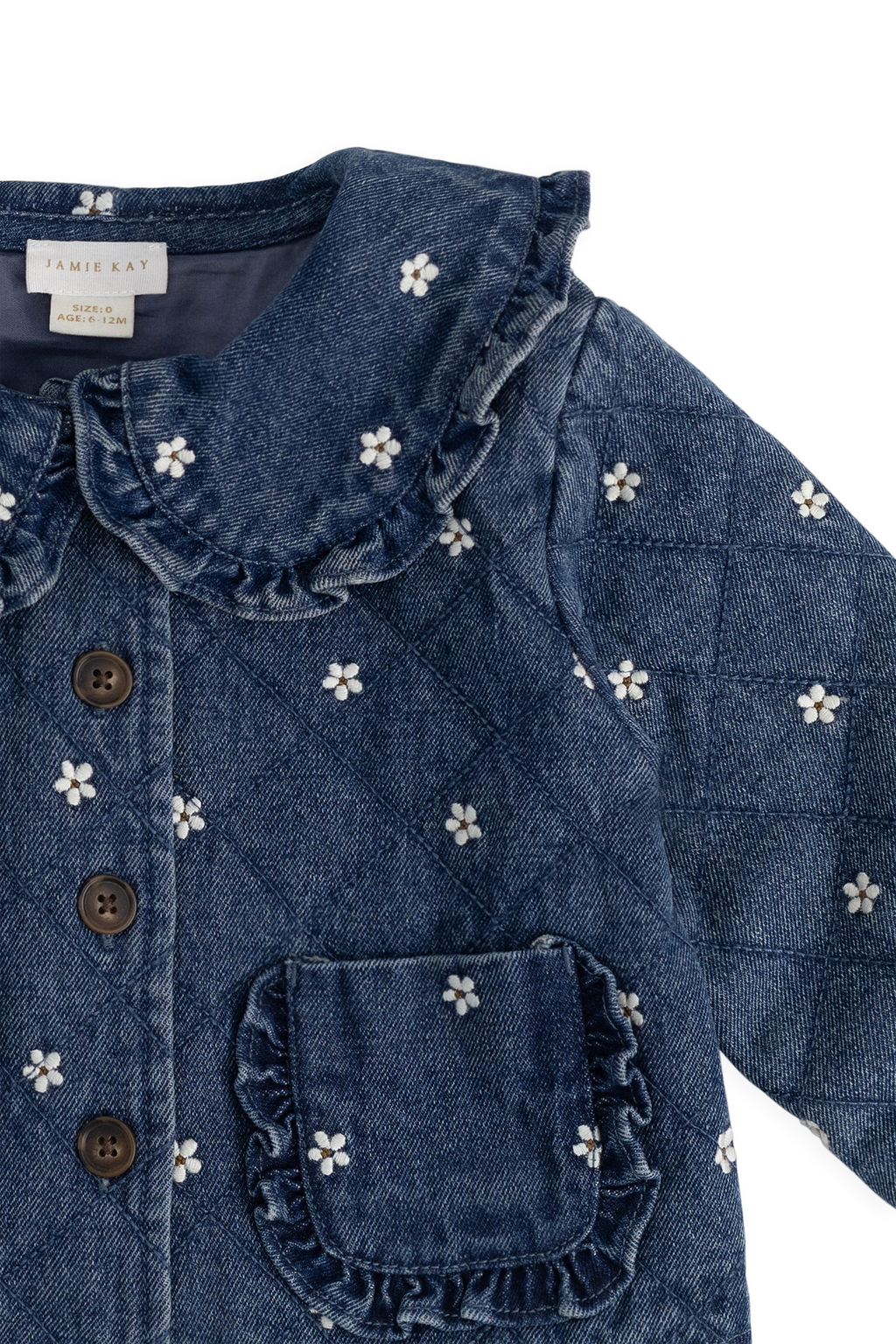 Blouson boutonné rembourré en jean orné de volants au col, imprimé floral, pour fille, bleu