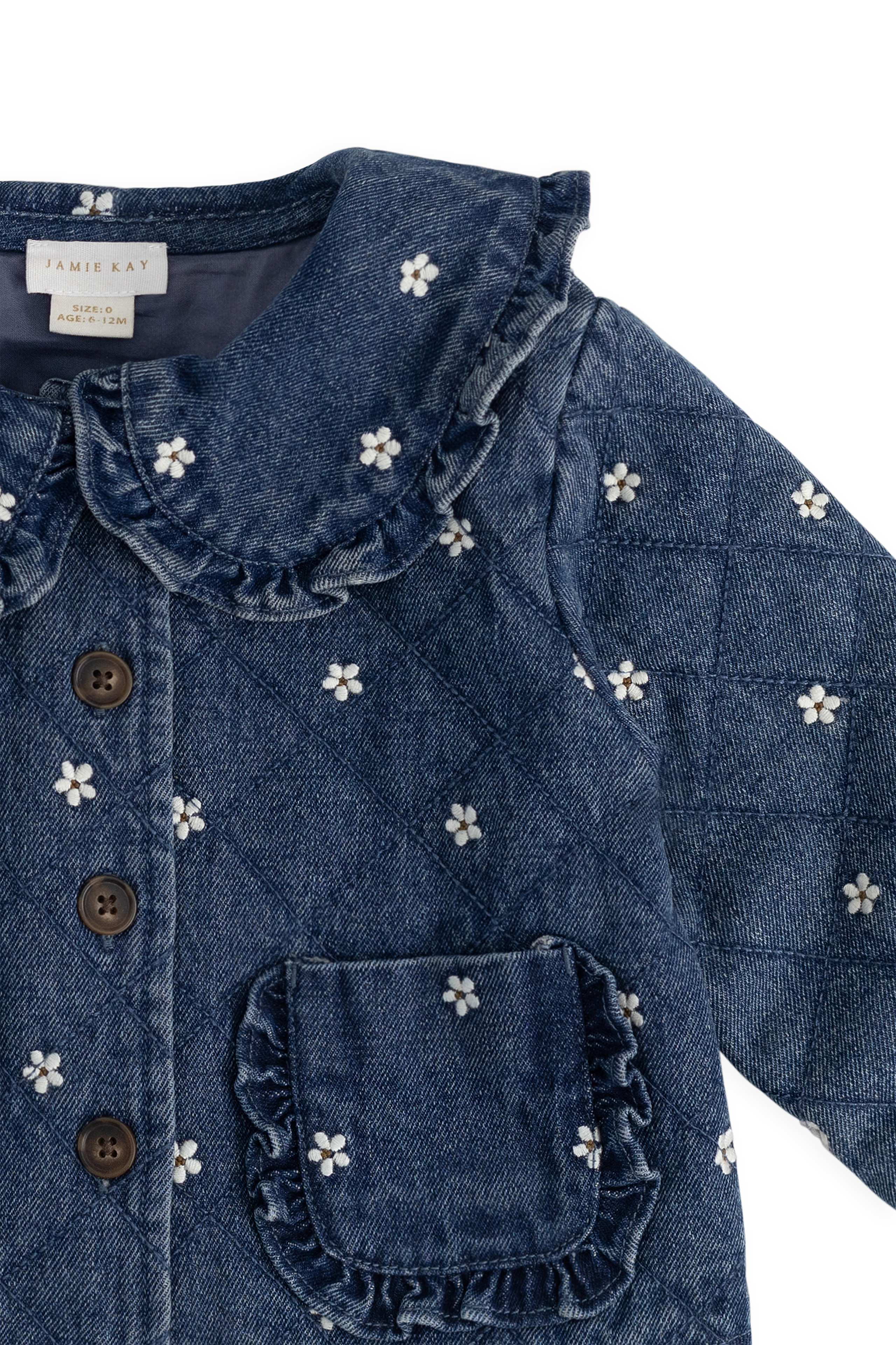 Blouson boutonné rembourré en jean orné de volants au col, imprimé floral, pour fille, bleu