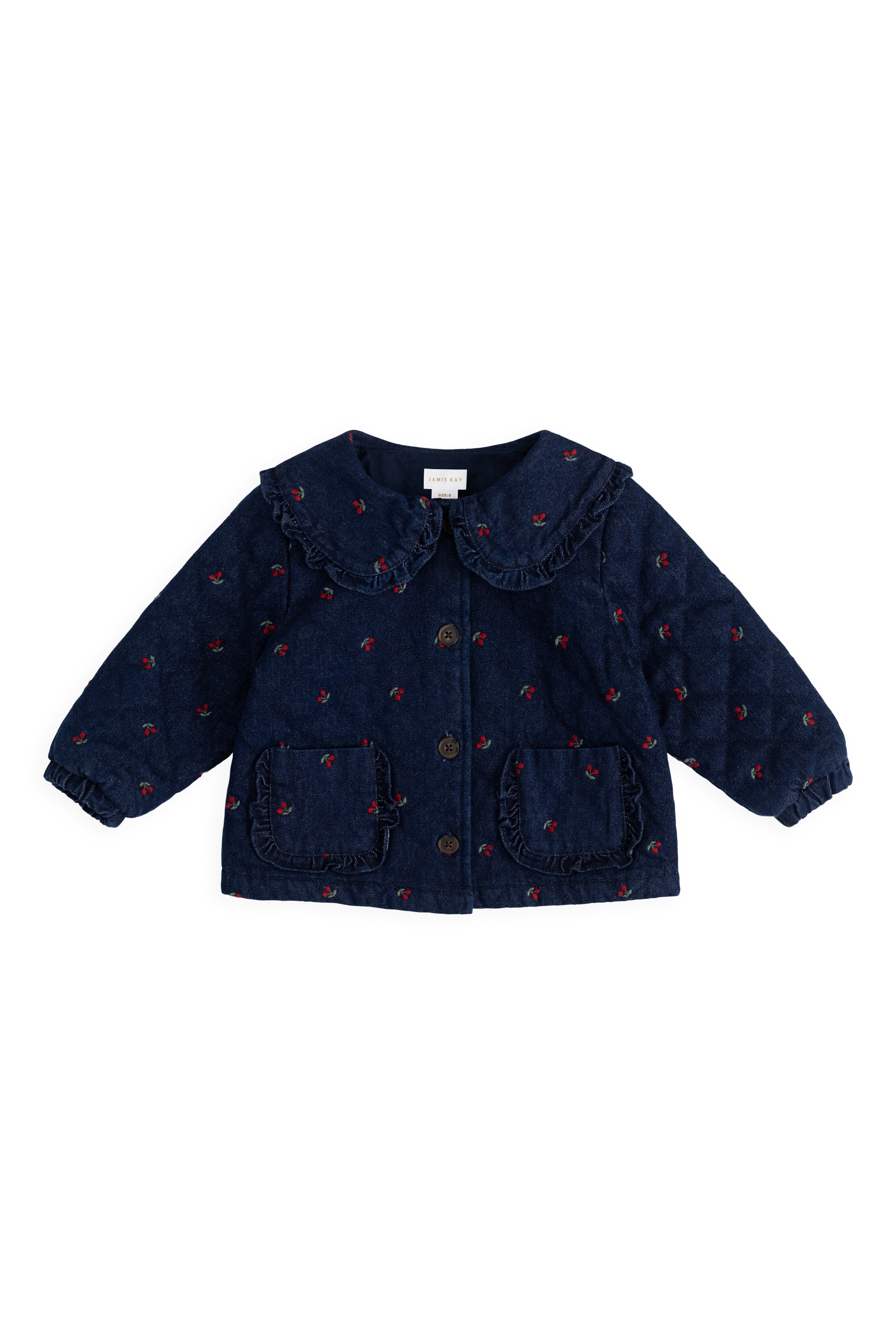 Filles Veste en Jean Imprimé Cerise Col Volants Boutonnée sur le Devant Bleu Cerise