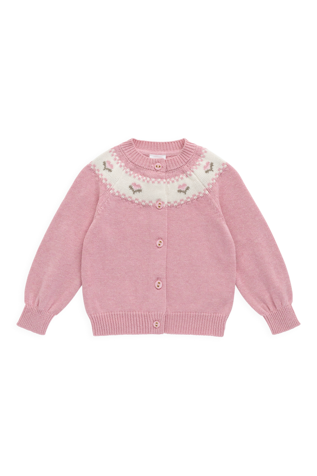 Gilet en tricot jacquard floral rose pour filles en coton, manches ballon, poignets côtelés