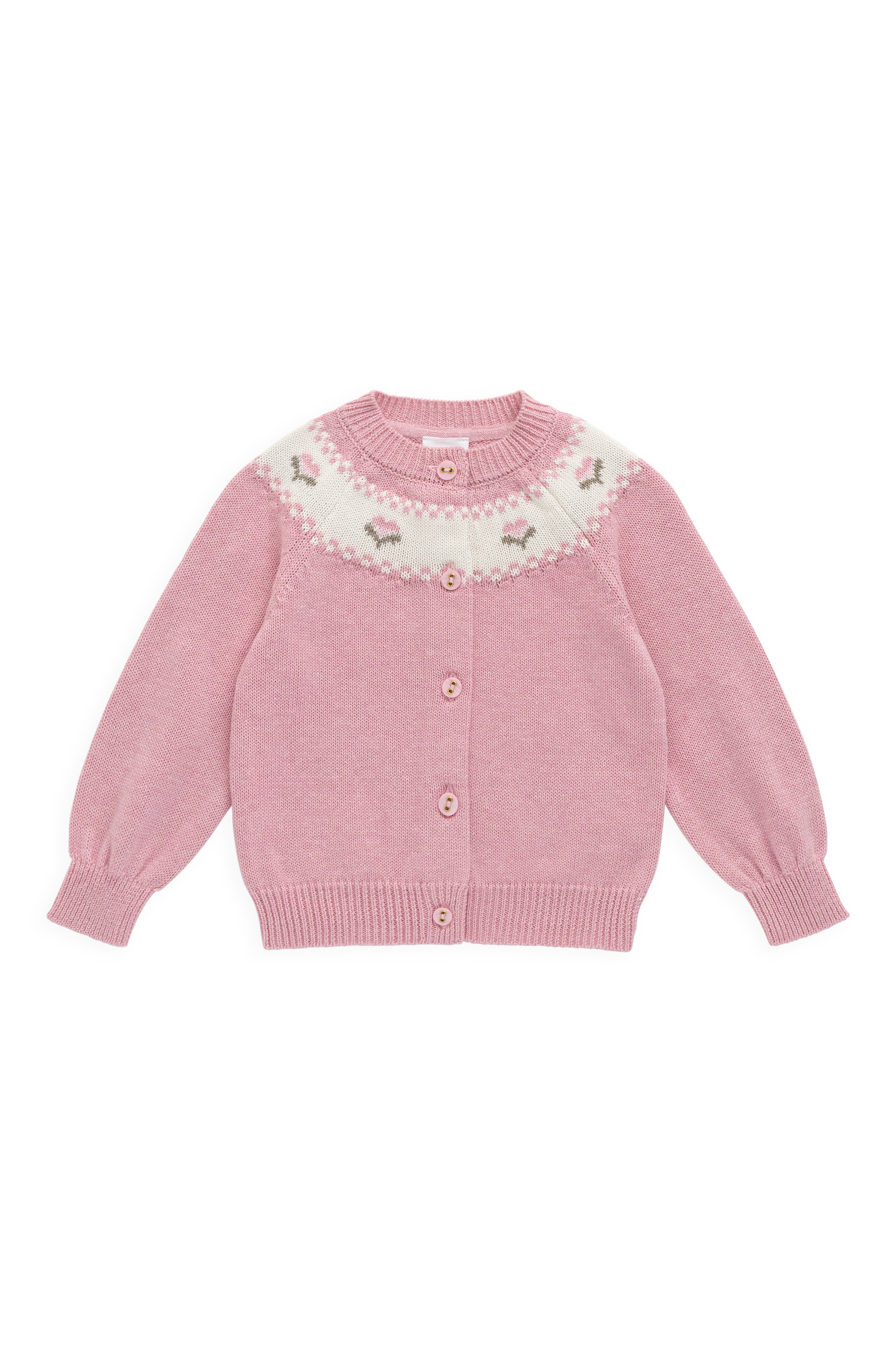 Gilet en tricot jacquard floral rose pour filles en coton, manches ballon, poignets côtelés