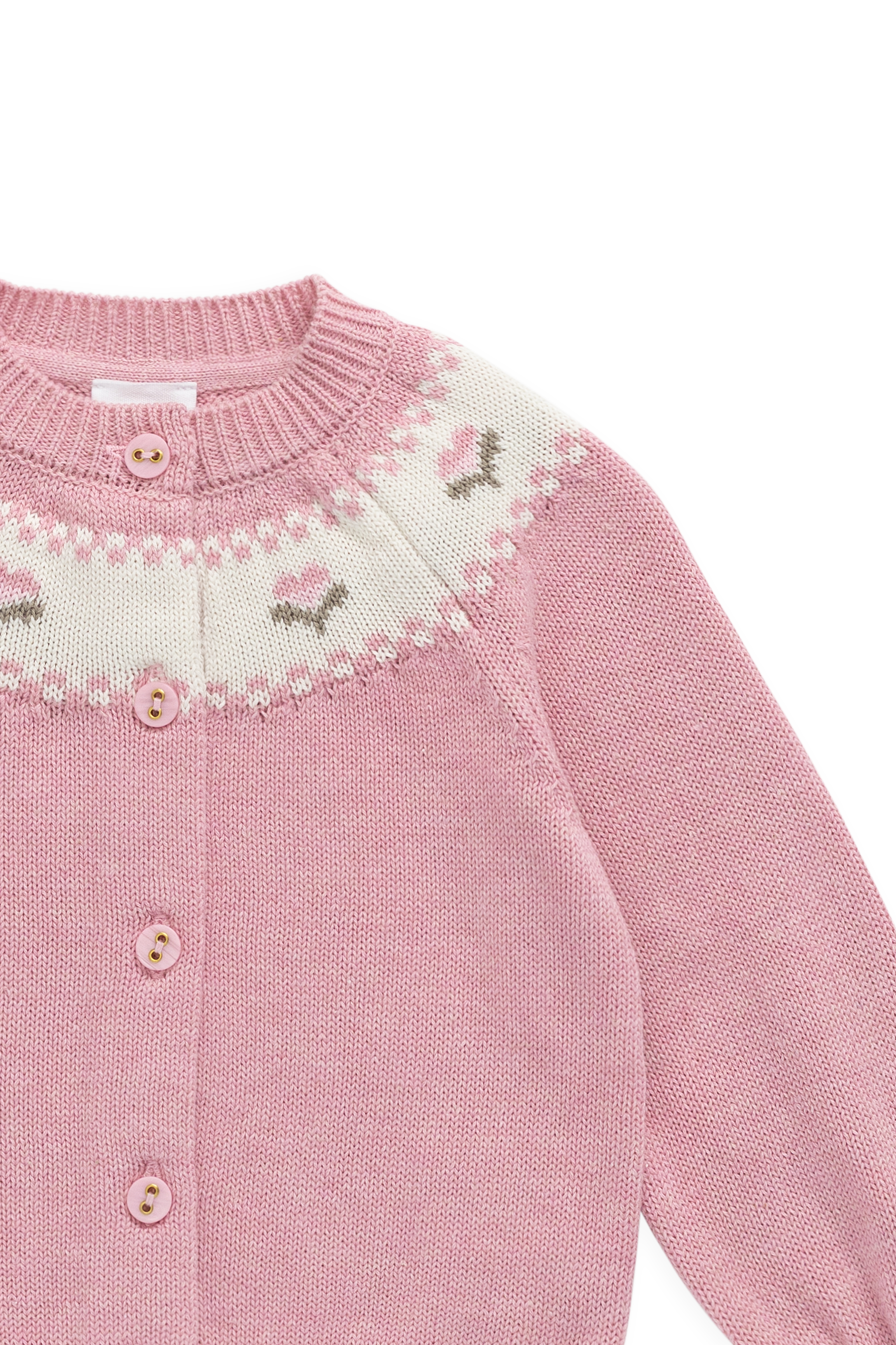 Gilet en tricot jacquard floral rose pour filles en coton, manches ballon, poignets côtelés