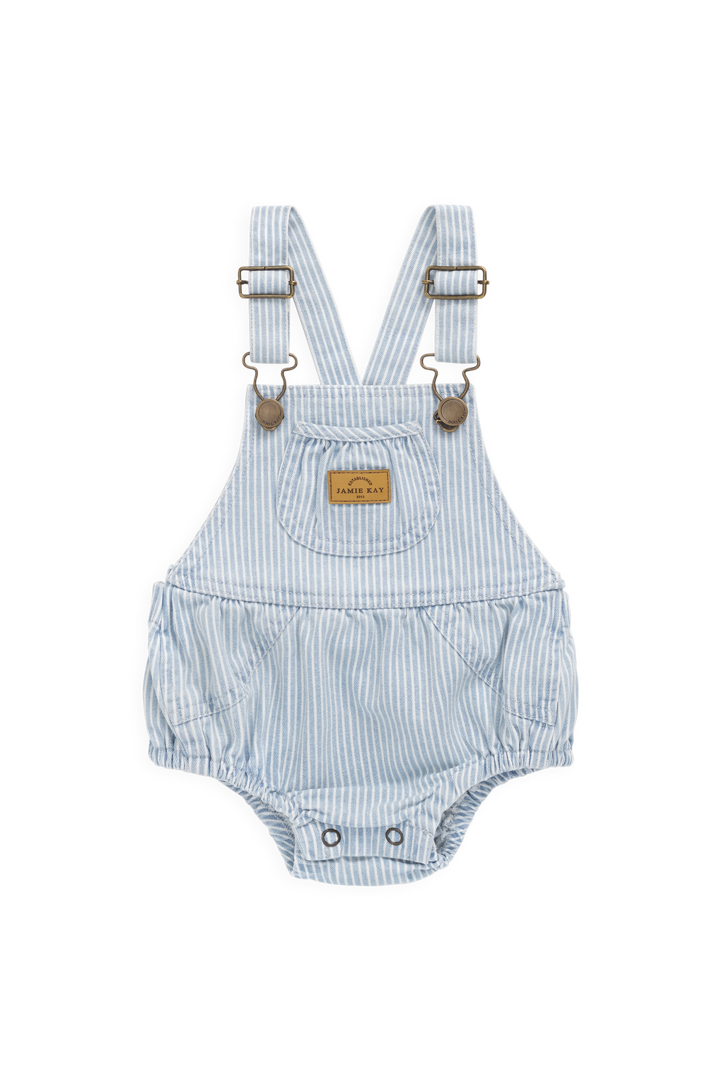 Barboteuse bébé rayée en coton avec bavette devant, bleue et blanche, à bretelles réglables
