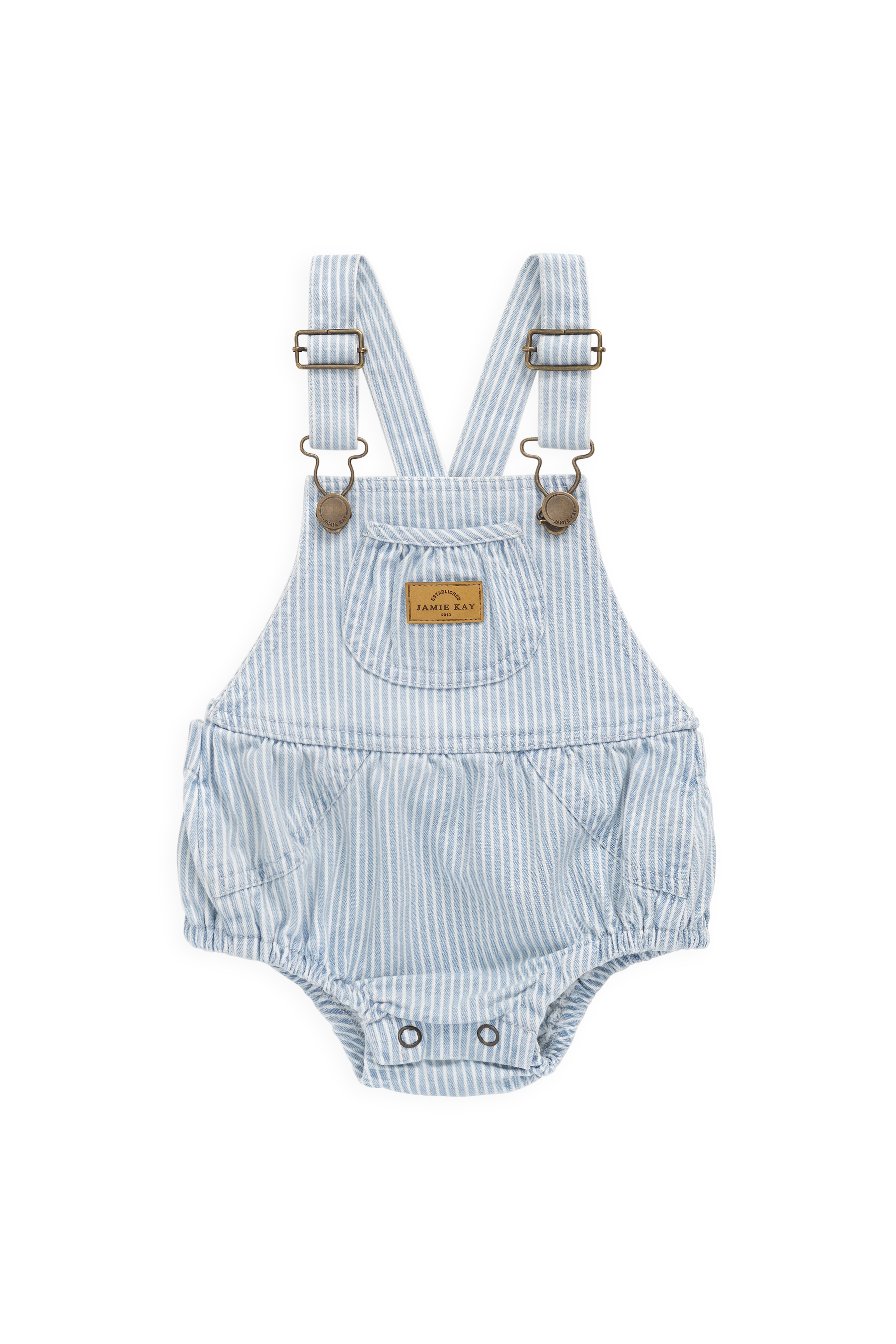 Barboteuse bébé rayée en coton avec bavette devant, bleue et blanche, à bretelles réglables