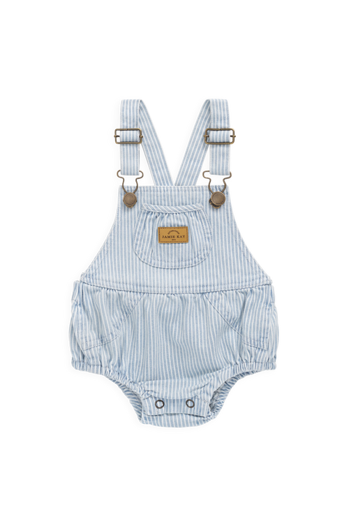Barboteuse bébé rayée en coton avec bavette devant, bleue et blanche, à bretelles réglables