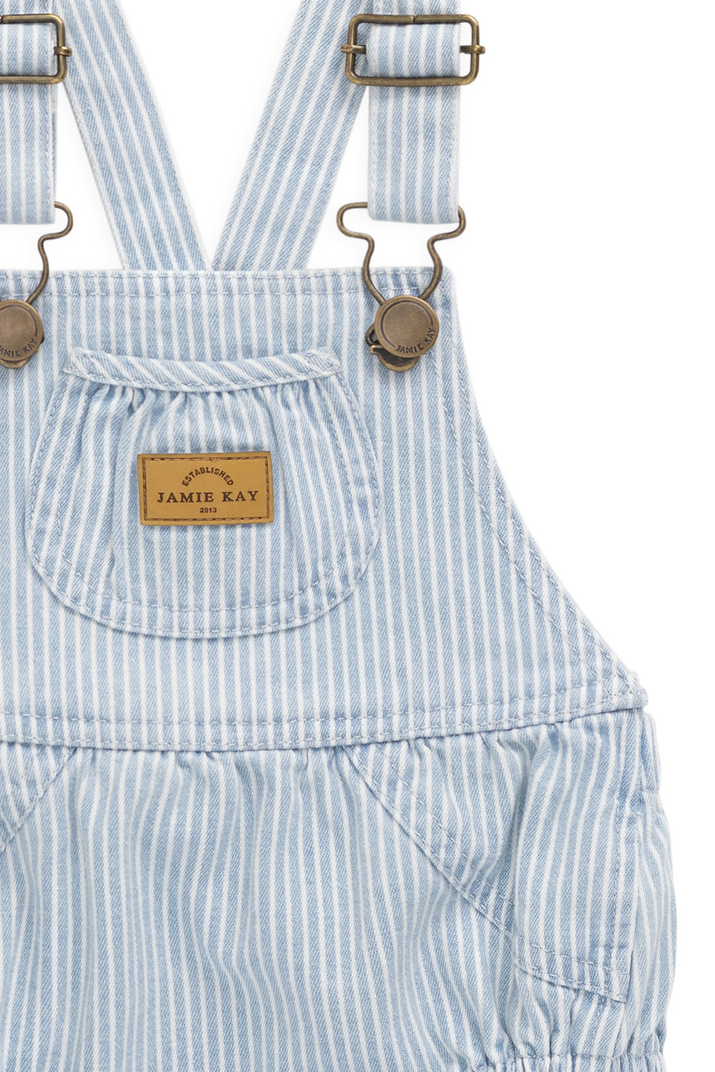 Barboteuse bébé rayée en coton avec bavette devant, bleue et blanche, à bretelles réglables