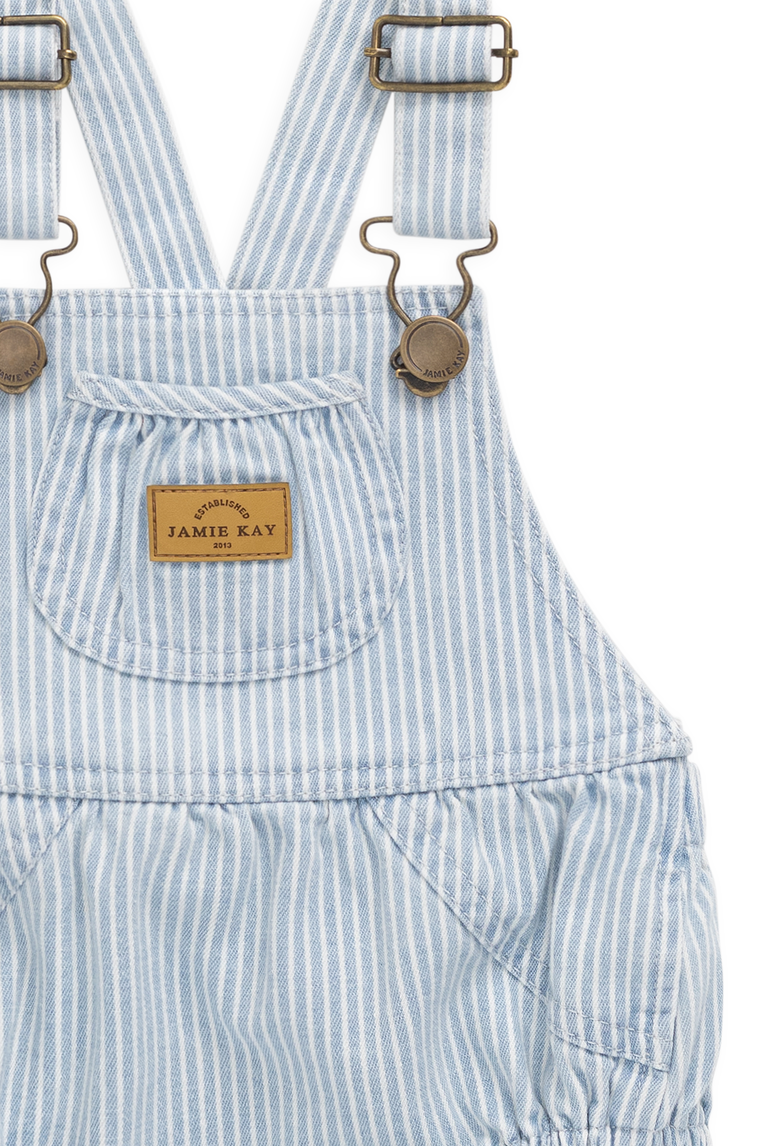 Barboteuse bébé rayée en coton avec bavette devant, bleue et blanche, à bretelles réglables