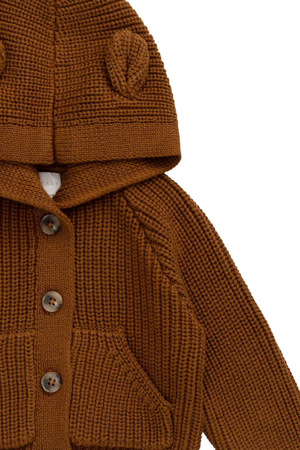 Cardigan bébé en tricot de coton marron chaud à capuche avec oreilles d'ours et poches