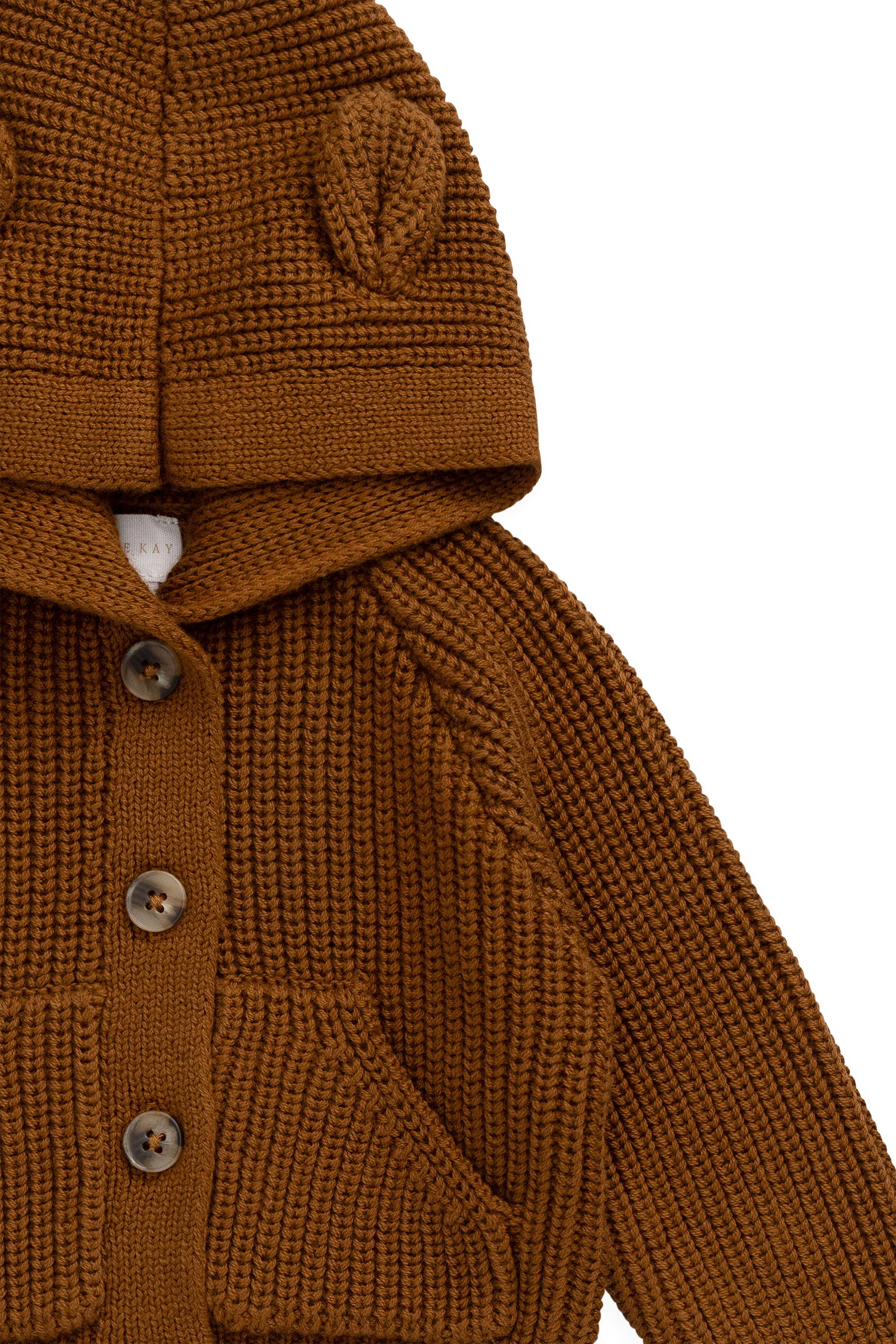 Cardigan bébé en tricot de coton marron chaud à capuche avec oreilles d'ours et poches