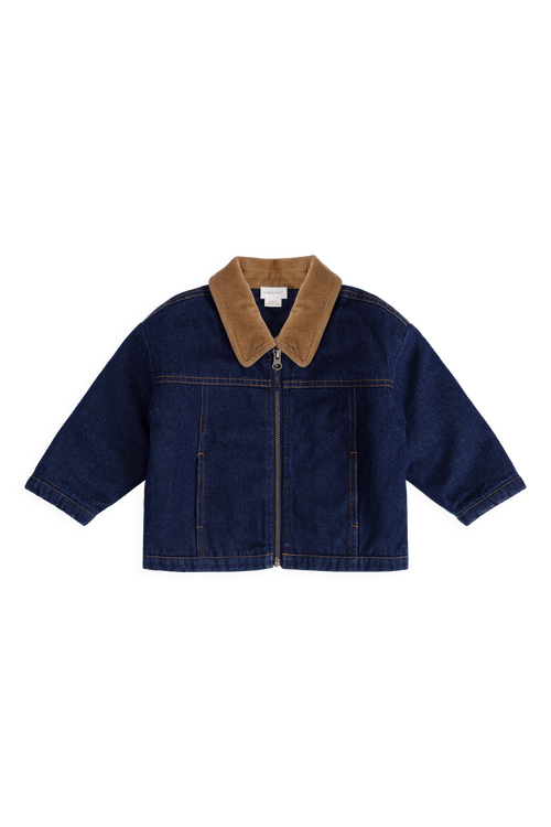 Blouson zippé en jean mi-indigo avec col en velours côtelé pour garçons