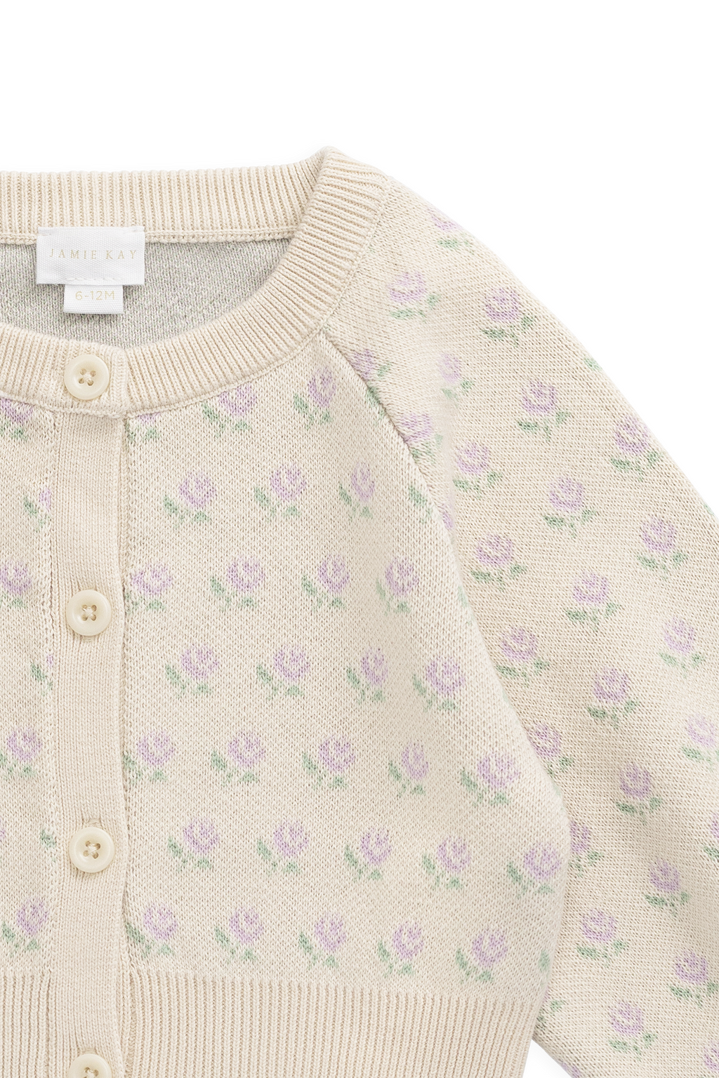 Cardigan Fille en Coton Tricoté Crème à Fleurs, Manches Bouffantes et Boutons sur le Devant