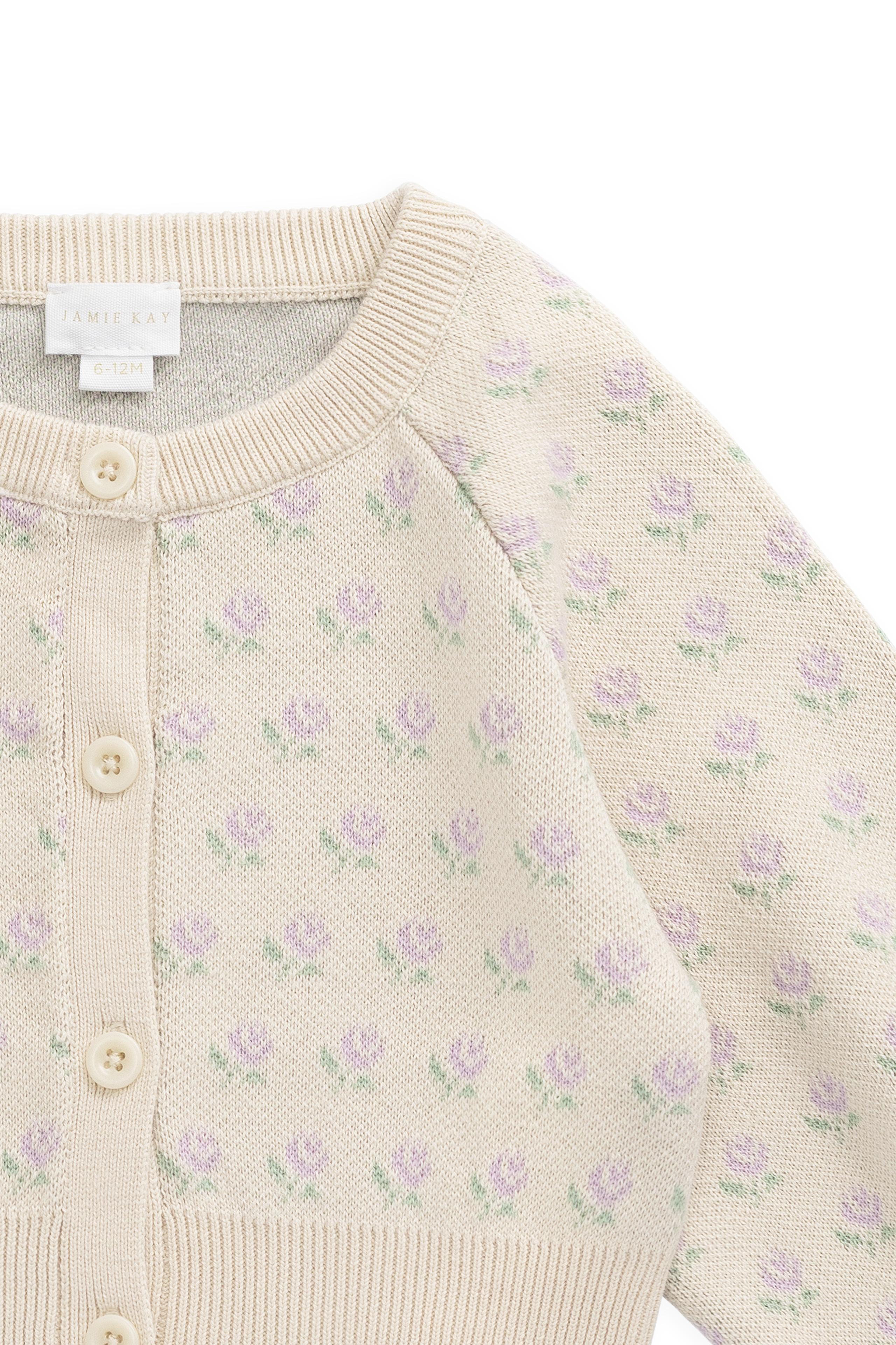 Cardigan Fille en Coton Tricoté Crème à Fleurs, Manches Bouffantes et Boutons sur le Devant