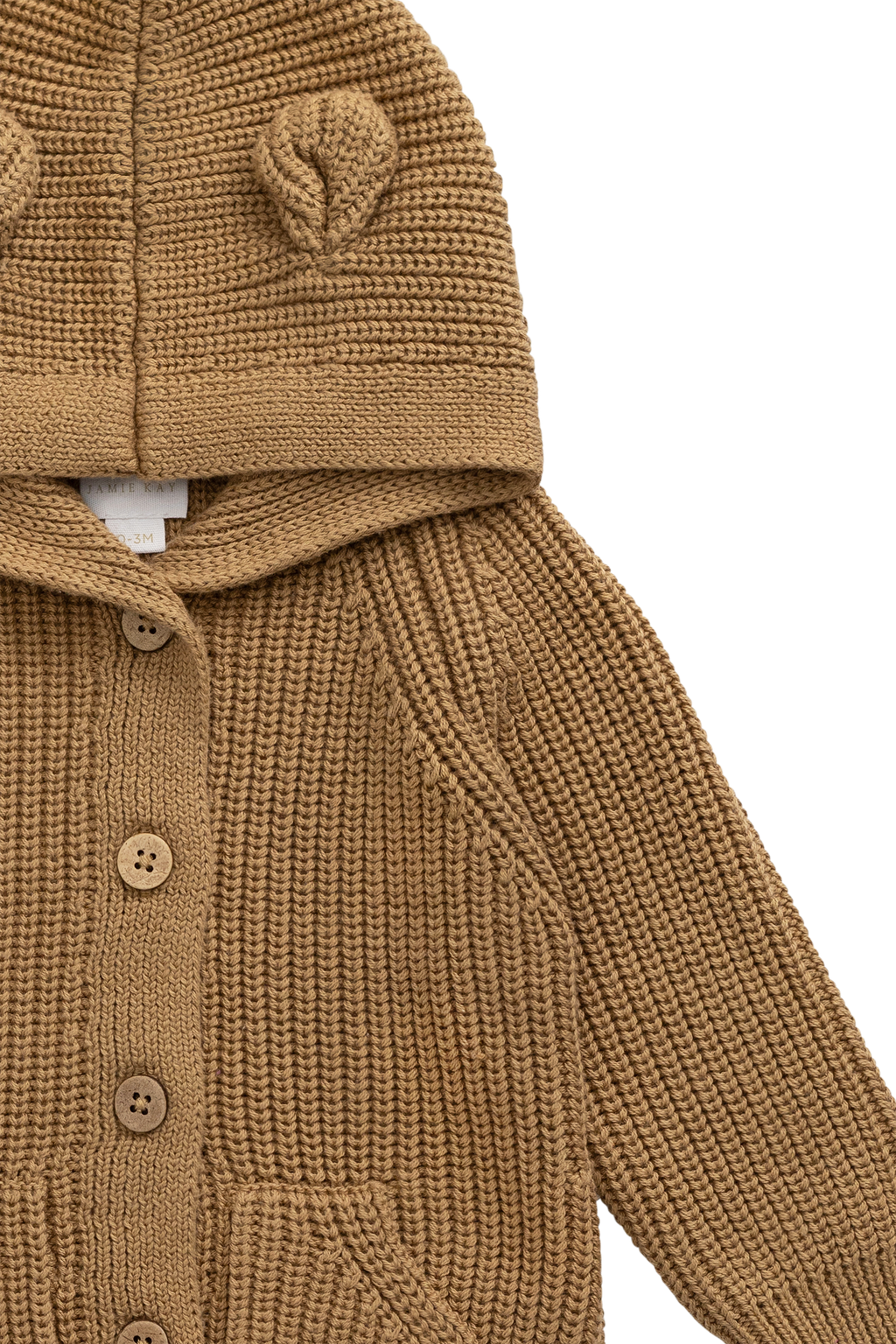 Grenouillère tricotée pour bébé, une pièce chaude et confortable, couleur brun fauve avec capuche à oreilles d'ours