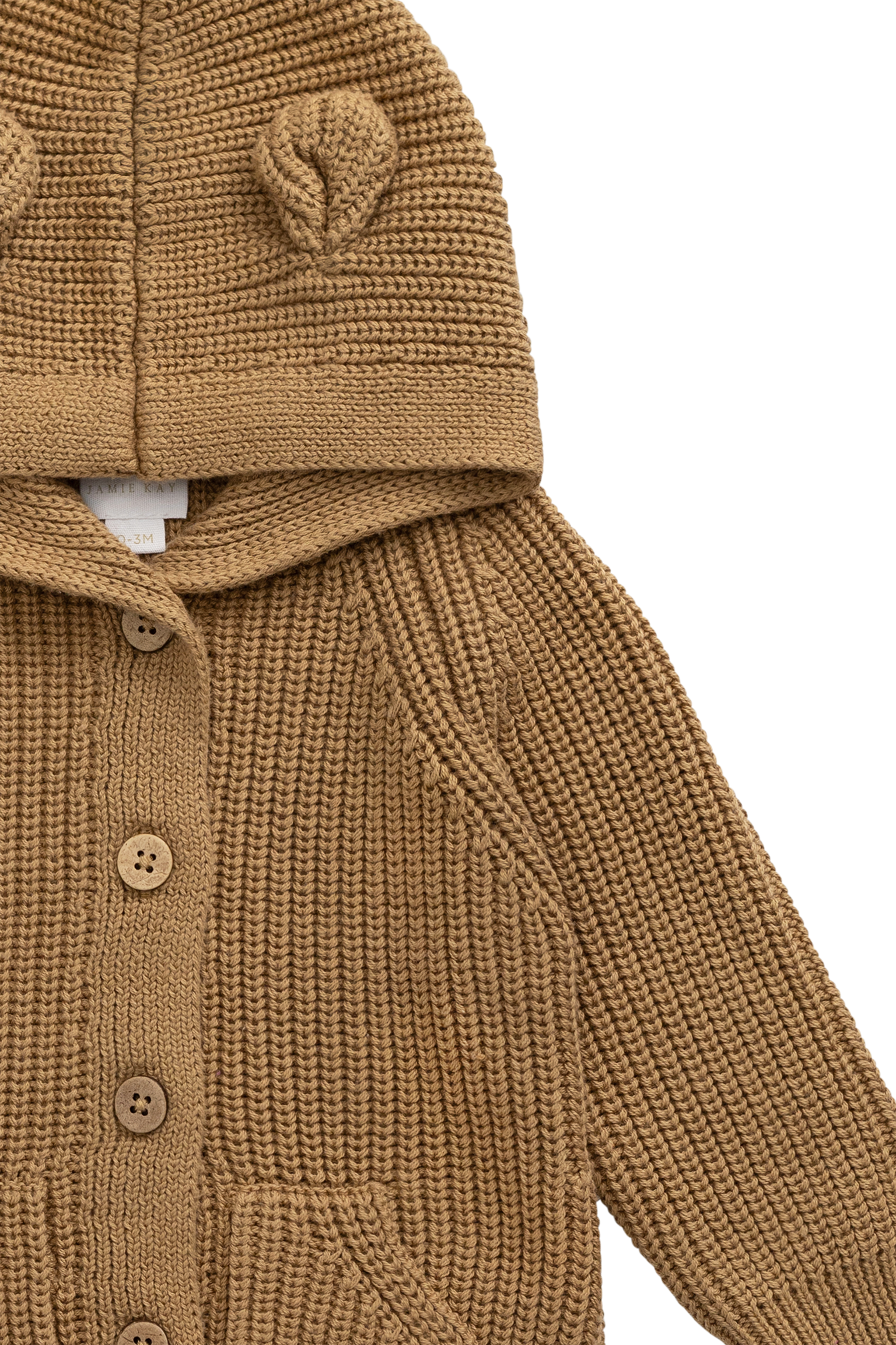 Grenouillère tricotée pour bébé, une pièce chaude et confortable, couleur brun fauve avec capuche à oreilles d'ours