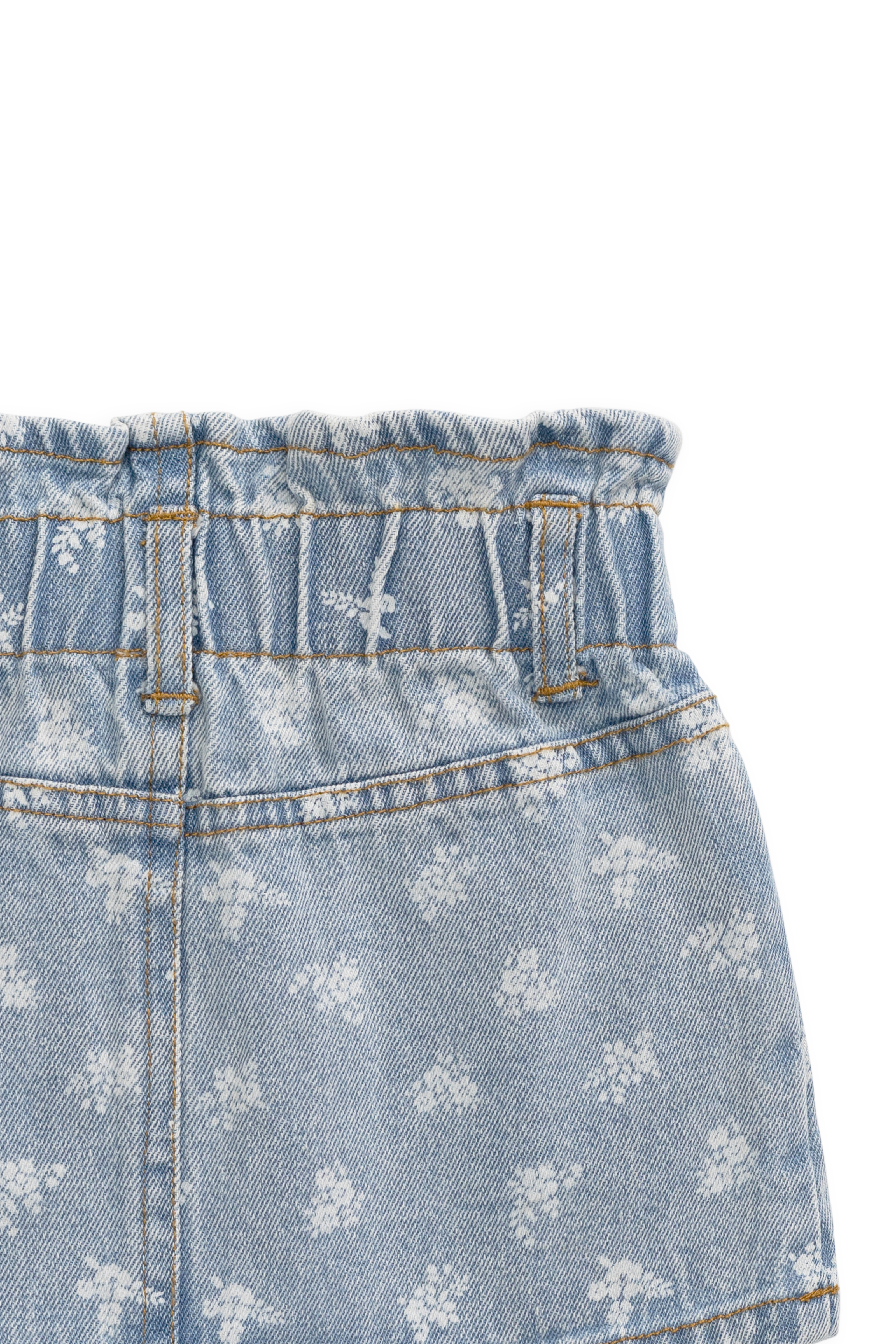 Jupe en jean taille paperbag bleu clair à fleurs avec boutons pour fille