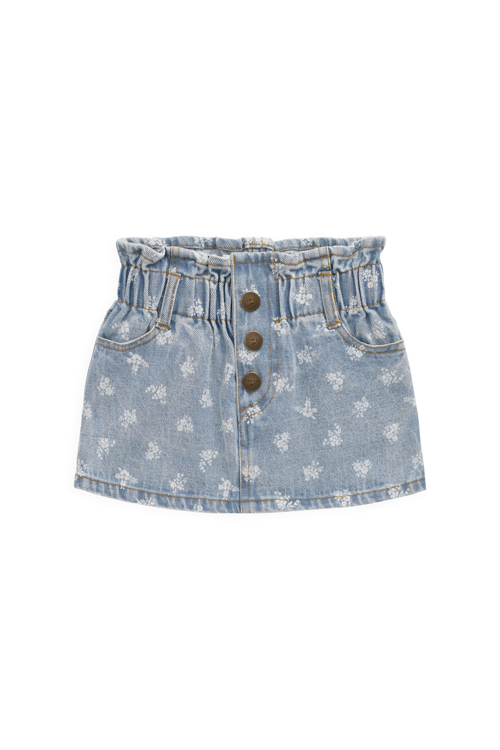 Jupe en jean taille paperbag bleu clair à fleurs avec boutons pour fille