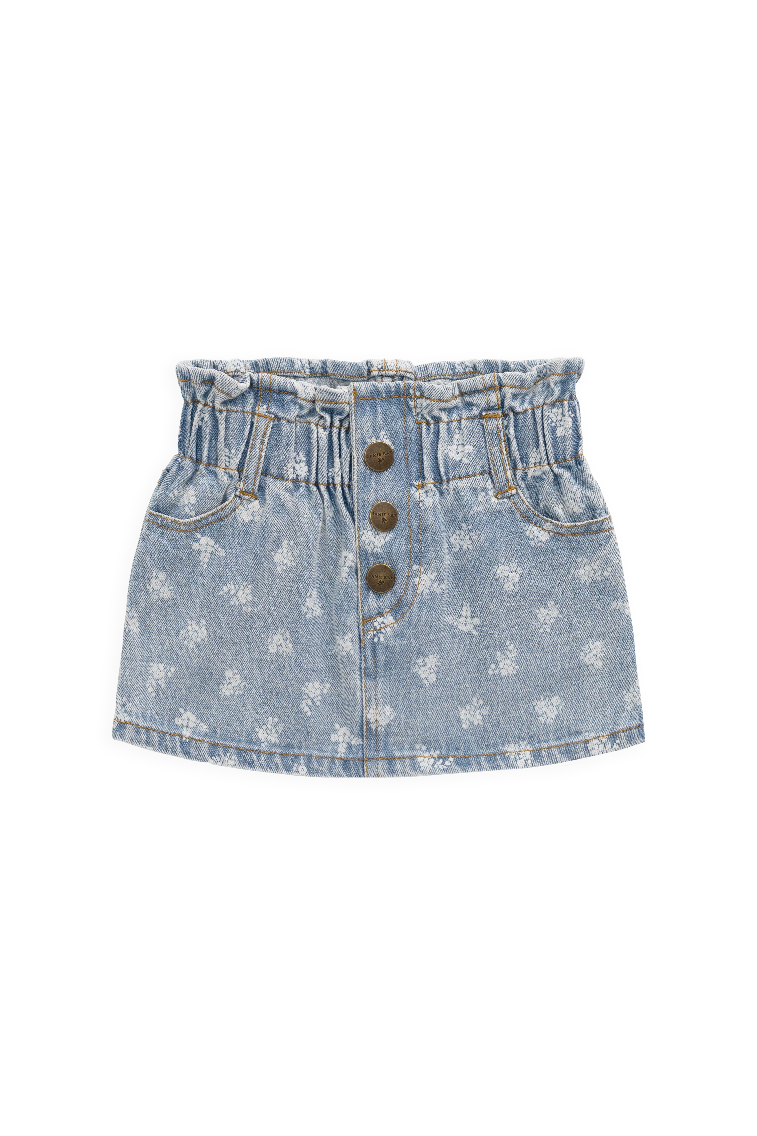 Jupe en jean taille paperbag bleu clair à fleurs avec boutons pour fille