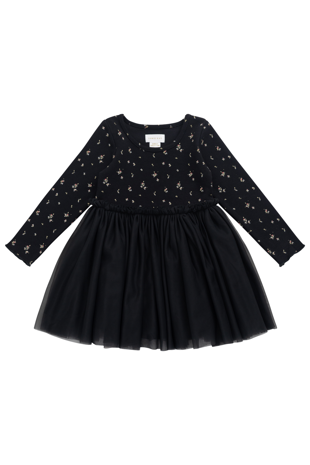 Robe en tulle pour fille, noir ébène, motif floral foncé, manches longues et jupe plissée