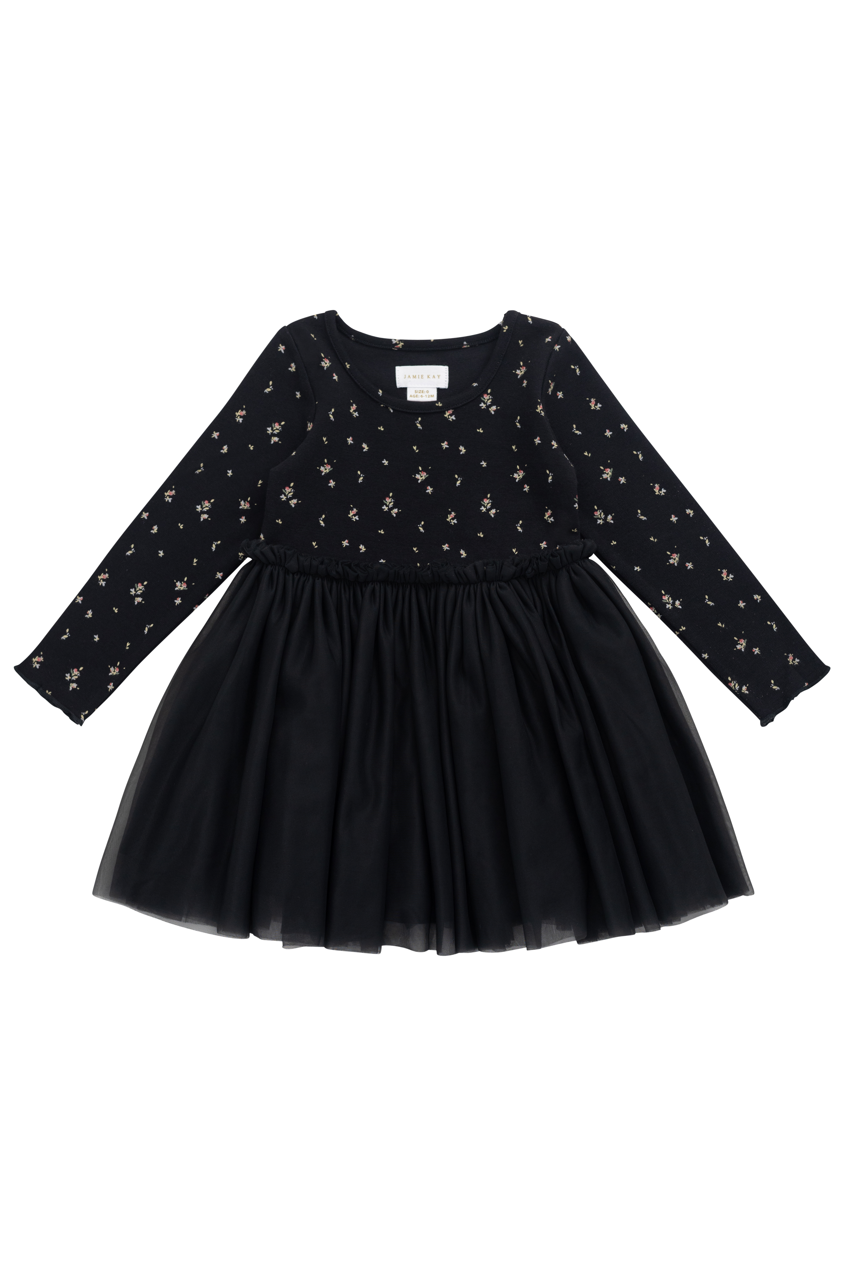 Robe en tulle pour fille, noir ébène, motif floral foncé, manches longues et jupe plissée