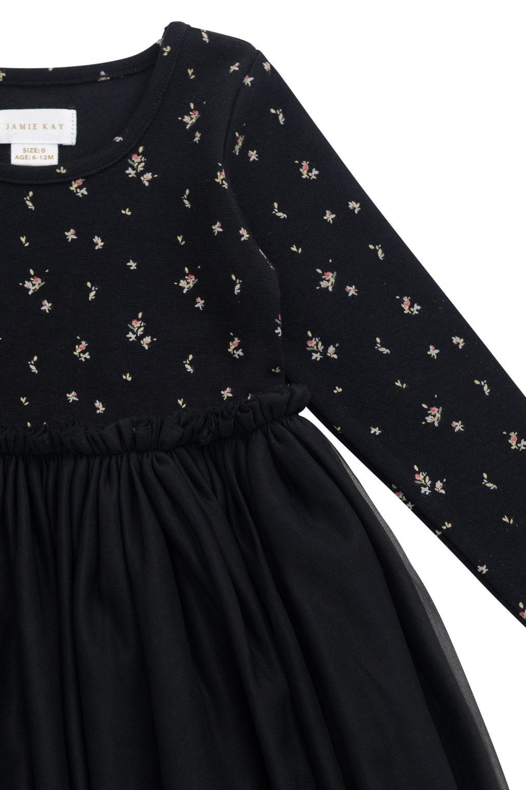 Robe en tulle pour fille, noir ébène, motif floral foncé, manches longues et jupe plissée