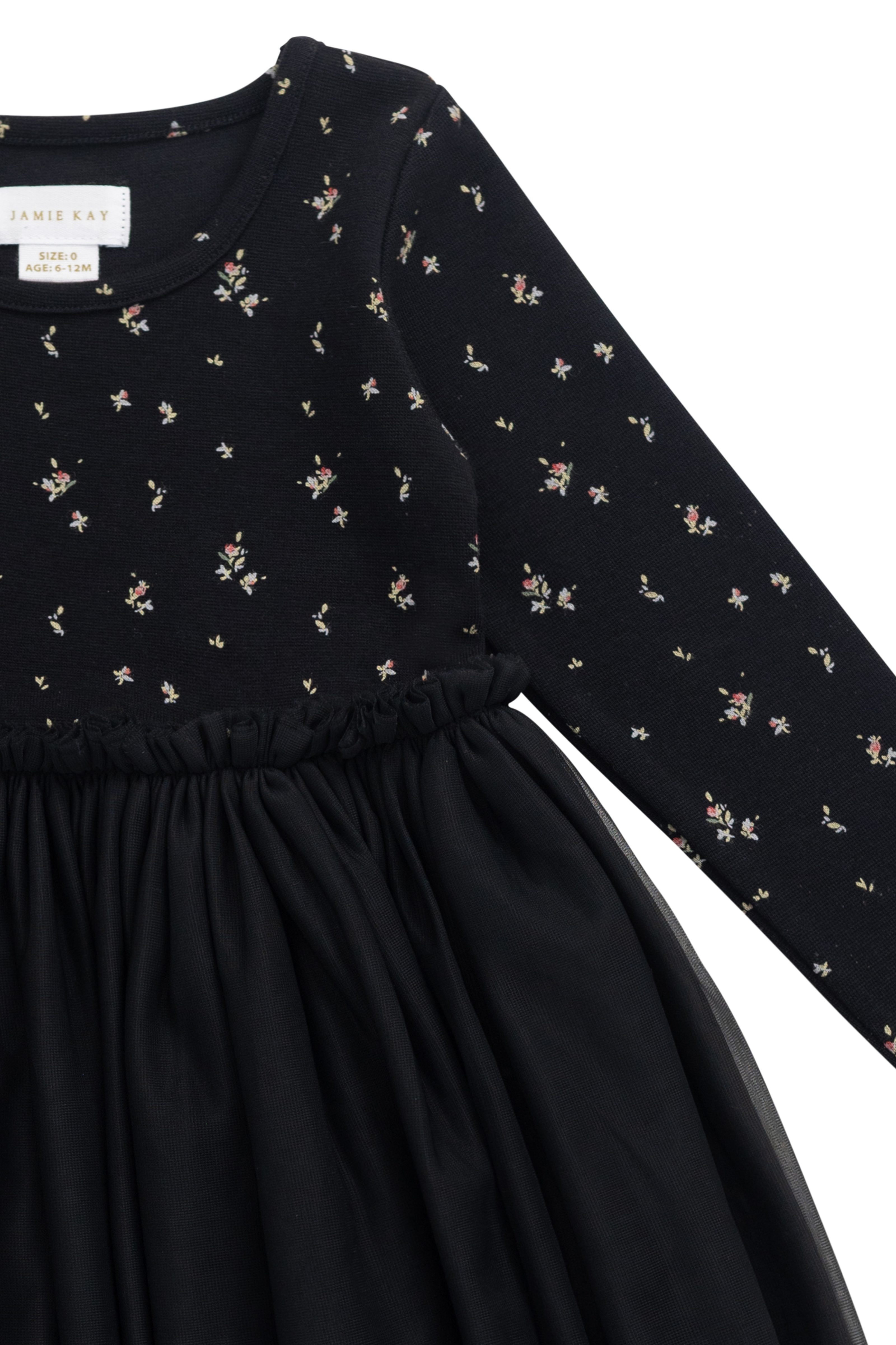 Robe en tulle pour fille, noir ébène, motif floral foncé, manches longues et jupe plissée