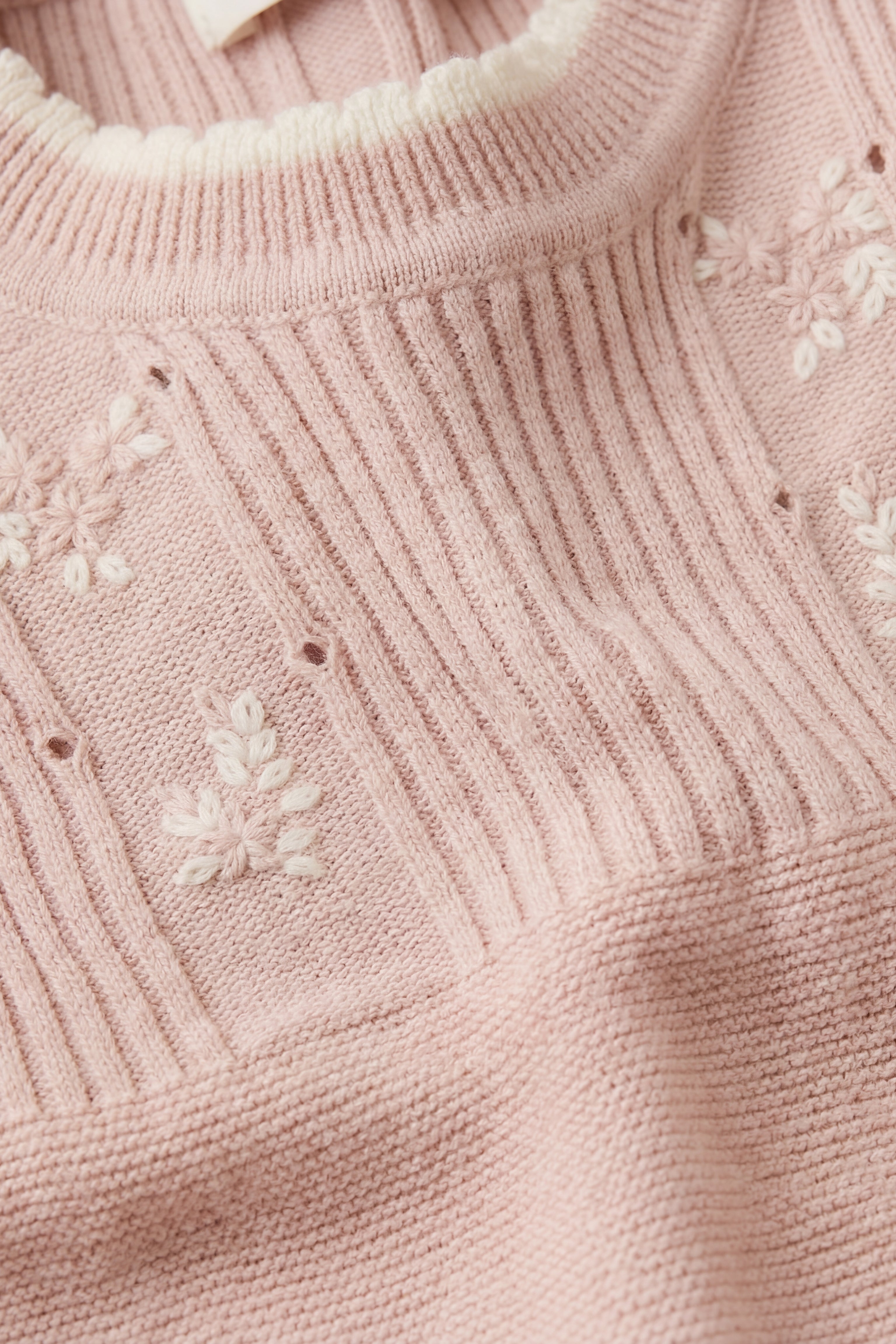 Haut en maille côtelée de coton sans manches pour fille, avec broderies florales, rose blush